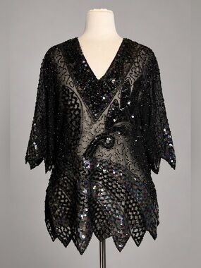 Vintage Iris Hand Beaded Sequin Cocktail Top Black Sheer Party Blouse